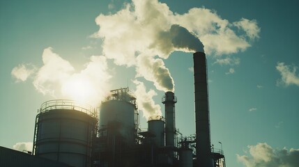 Close-up of industrial smokestacks with steam billowing from their tops, set in a fuel processing plant designed for efficiency and environmental cleanliness, under a bright sky 