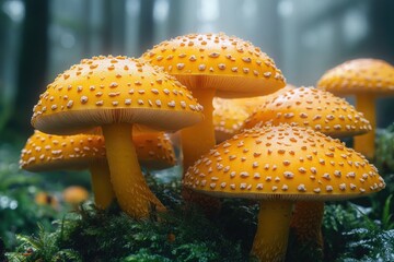 A cluster of bright yellow mushrooms growing on the forest floor