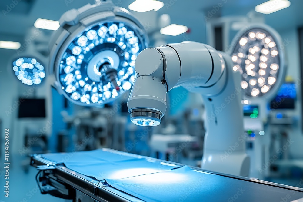 Aufkleber a surgical robot arm is highlighted in a modern operating room with advanced lighting and technology