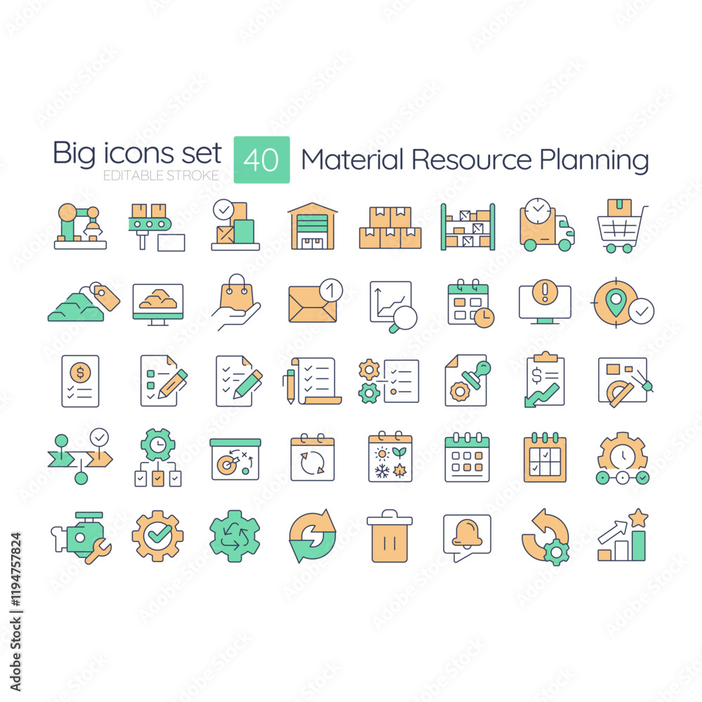 Poster material resource planning rgb color icons set. system of manufacturing scheduling and inventory man