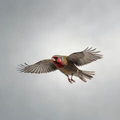 Obraz premium A light and airy depiction of a Finch flying in mid-air with its wings spread out against white space.