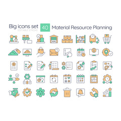 Material resource planning RGB color icons set. System of manufacturing scheduling and inventory management. Isolated vector illustrations. Simple filled line drawings collection. Editable stroke