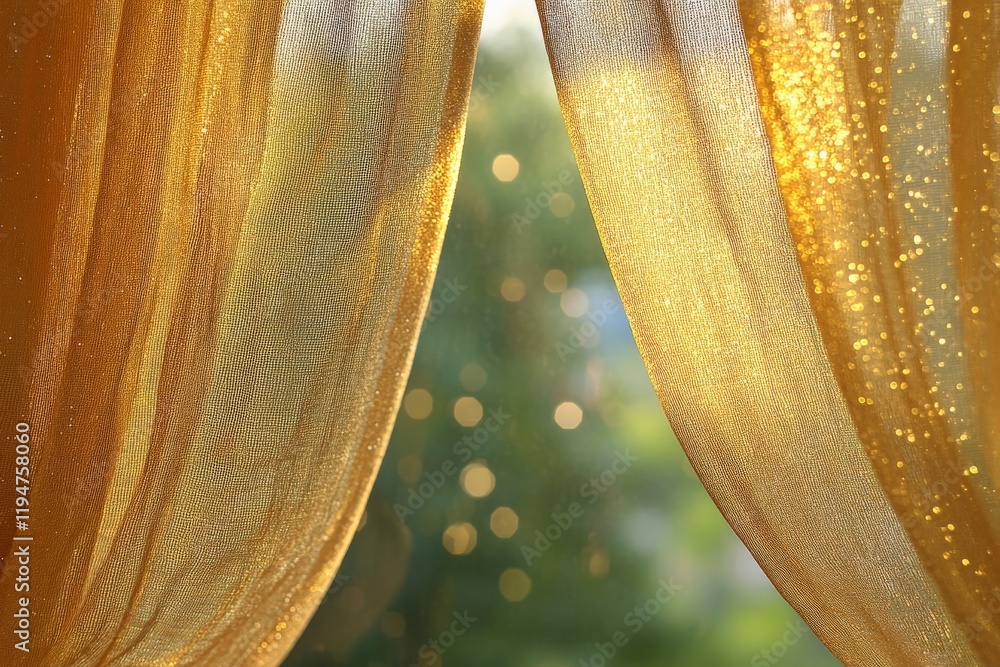 Poster golden curtains gently sway in the sunlight, backlit by a warm, inviting glow, while a subtly blurre