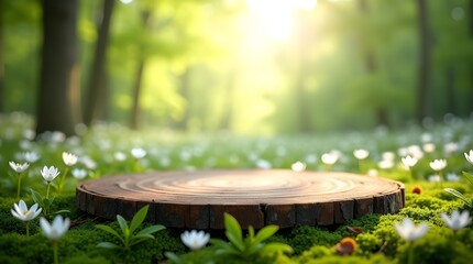 Naklejka premium Rustic Wooden Platform in a Lush Outdoor Setting – Magical Atmosphere with Moss, Flowers, and Soft Green Trees