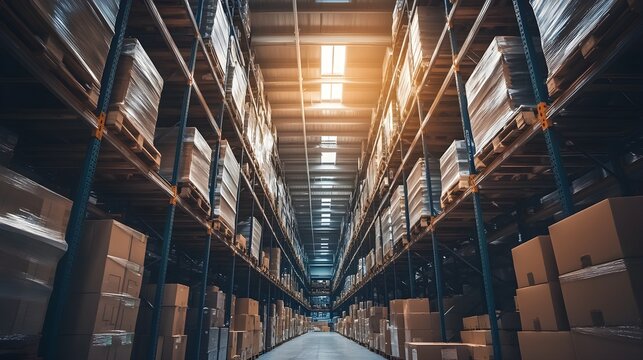A panoramic perspective of a busy warehouse with wide aisles, highlighting the orderly arrangement of goods and the streamlined processes that enable smooth operations 