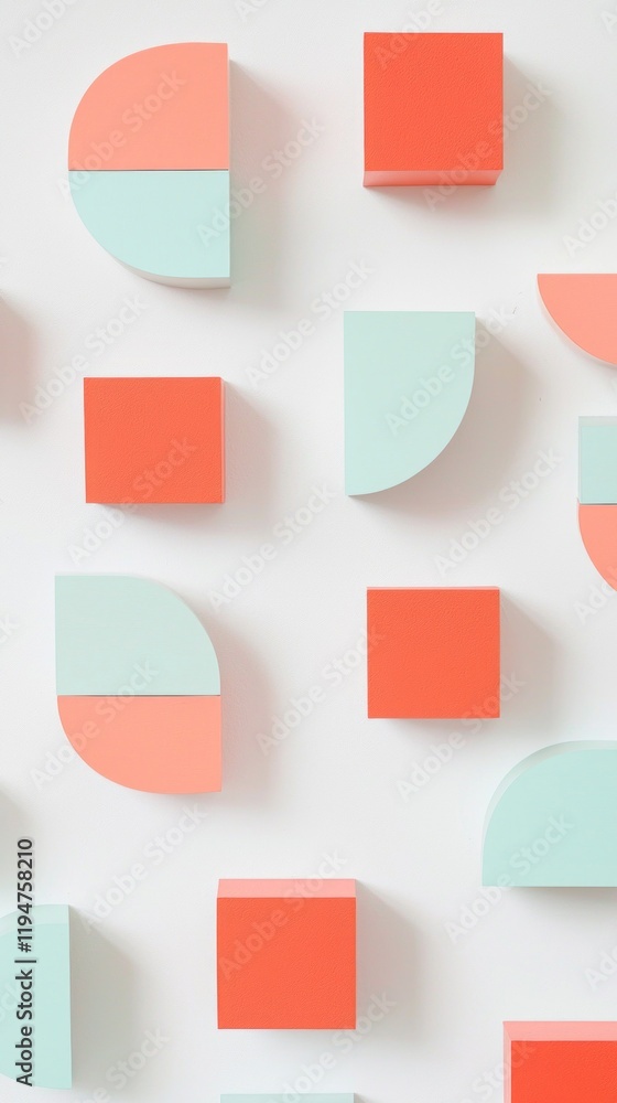 Poster geometric shapes in vibrant coral and mint green interact playfully against a white backdrop. their 