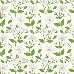 Fototapeta premium Colorful Floral Pattern with Leaves, Cute Small Flowers on Seamless Background, Jasmine Flower Pattern