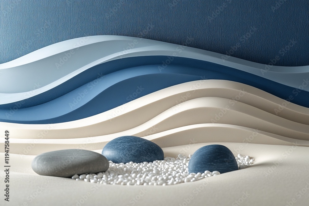 Poster this image features smooth, flowing abstract waves layered in various shades of blue and beige, comp