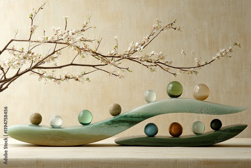 Aufkleber an artistic showcase of stones delicately balanced on a smooth curved base, accompanied by a gracefu