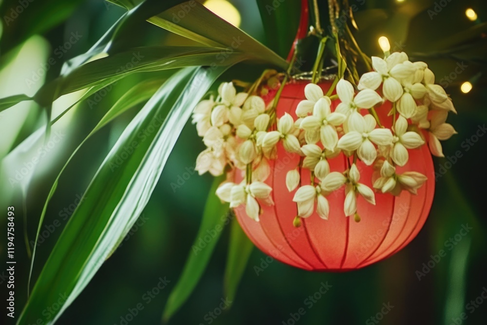 Poster a red lantern hangs from a tree branch surrounded by white flowers