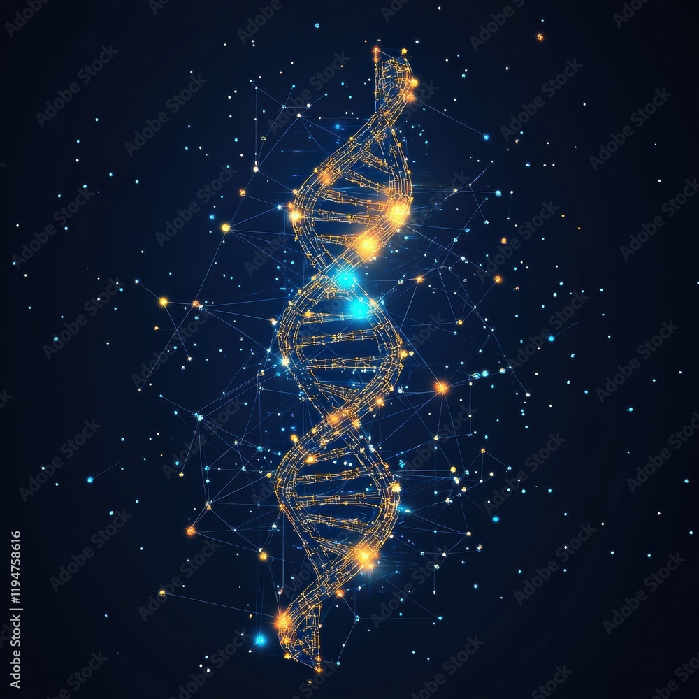Aufkleber glowing dna double helix surrounded by molecular connections in a digital universe representation. g