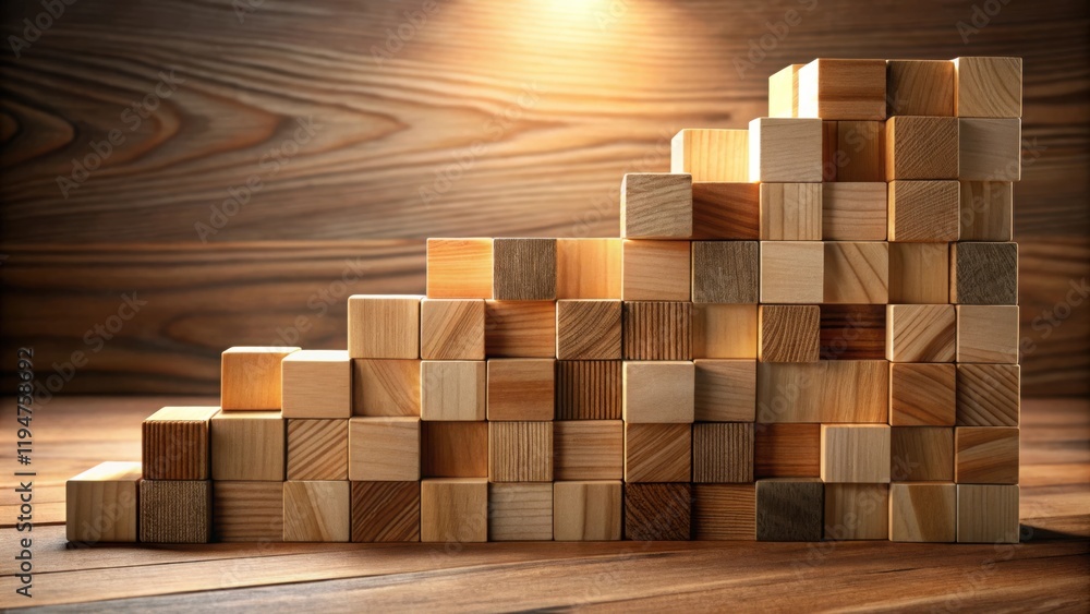 Poster ascending wooden blocks forming a staircase structure on a wooden surface