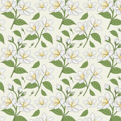 Colorful Floral Pattern with Leaves, Cute Small Flowers on Seamless Background, Jasmine Flower Pattern
