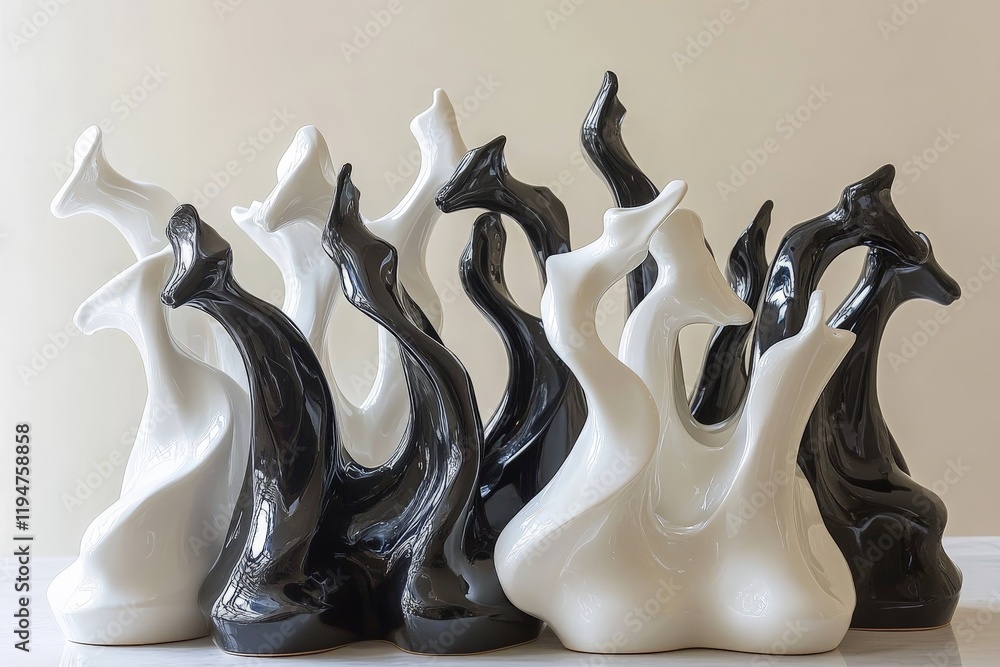 Poster a captivating display of abstract sculptures featuring intertwined white and black forms, evoking a 