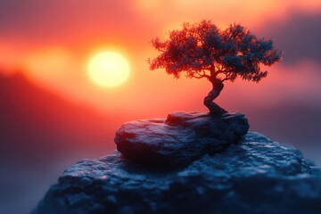 A single tree stands atop a rocky outcropping, surrounded by open landscape