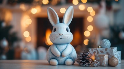 Light Blue Wooden Rabbit with Festive Decor. Generative AI