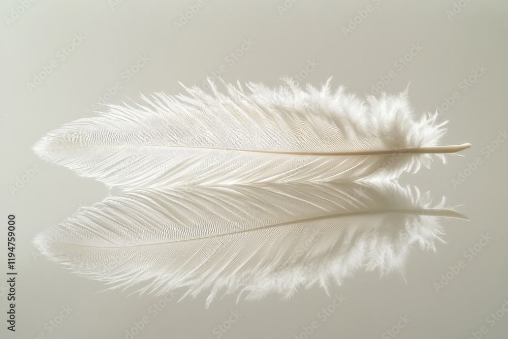 Poster A close-up image of a delicate white feather with its soft textures and subtle reflections, symbolizing purity, lightness, and grace in a minimalist style.