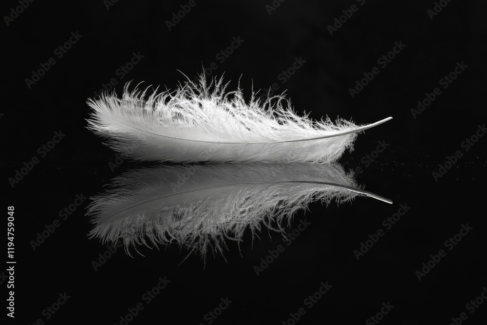 Aufkleber a soft white feather lies elegantly on a reflective black surface, creating a striking contrast that