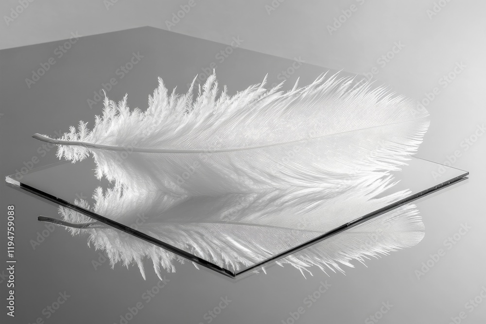 Poster A delicate white feather rests gently on a reflective glass, creating a soft and serene visual contrast, enhanced by the minimalistic monochrome backdrop.