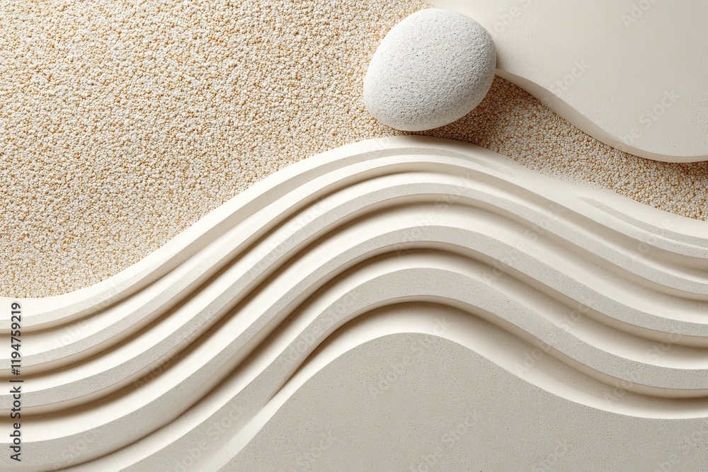 Poster artistic wavy lines are carved into fine sand, accompanied by a single white pebble, emphasizing min