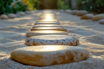 Photo sur Plexiglas Golden stones form a glowing pathway stretching into the distance, illuminated by brilliant sunlight, suggesting a journey or passage in the warm sand.