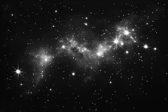 A mesmerizing black and white image of a starry sky, highlighting various constellations, producing a classic view of the universe's vast beauty and mystery.