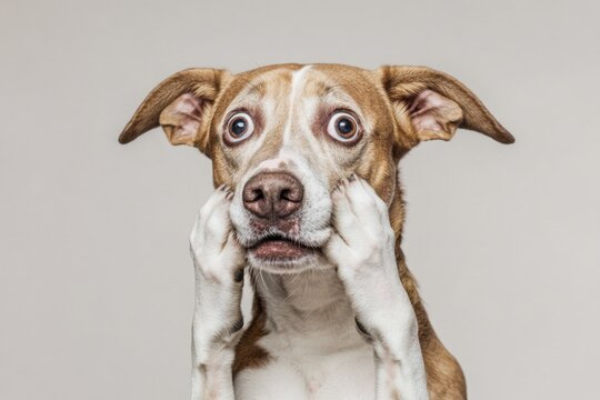 A dog with a brown and white coat holds its head in front of its face, looking concerned