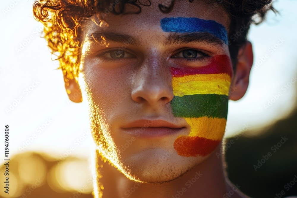 Poster a person with a colorful rainbow painted on their face, suitable for creative projects and events