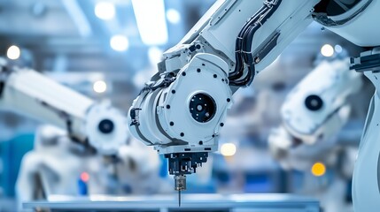 Fototapeta premium A robot facilitating automated quality control in a modern aerospace assembly line with clean, organized quality control stations and advanced inspection technology, Aerospace quality tech style