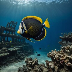 Fototapeta premium Vibrant clownfish playing among swaying sea anemones under a glowing sunbeam breaking through the ocean surface.