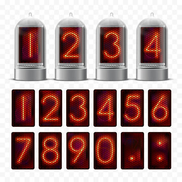 Vintage nixie clock tube. Set of glowing diode digits in glass lamps. Isolated on transparent background. Vector mockup