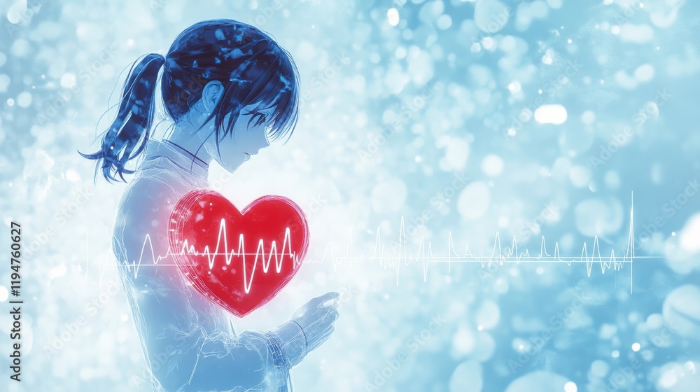 Poster glowing red heart shines with dynamic cardiogram representing lifes rhythm and emotions in a digital