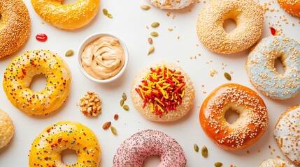 Colorful donut feast whimsical breakfast table food bright environment overhead view playful concept