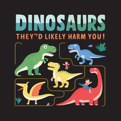 Simplistic Cartoon Dinosaurs Featuring Funny Human Poses Print