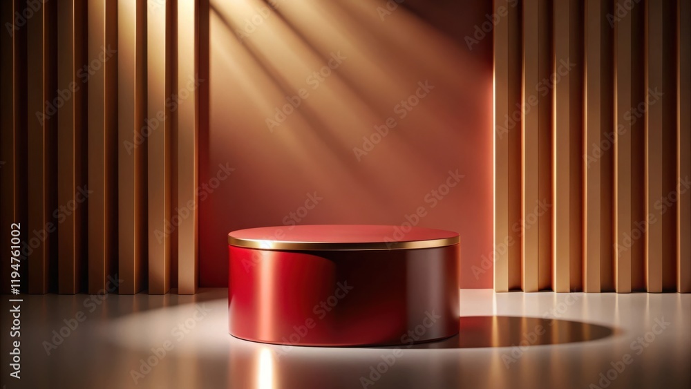 Poster red cylindrical pedestal with gold trim against a backdrop of golden vertical lines and a muted red 
