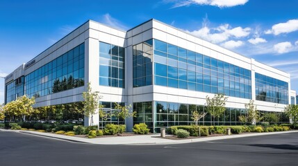 Obraz premium A clean office building exterior with minimalist design and sleek glass panels reflecting the sky. Ample space for copy overlays.
