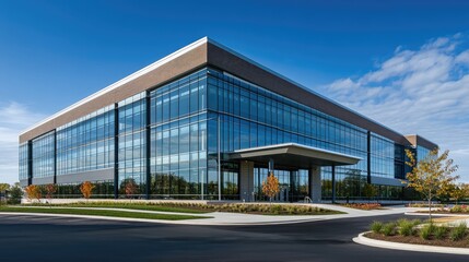 Obraz premium A clean office building exterior with minimalist design and sleek glass panels reflecting the sky. Ample space for copy overlays.
