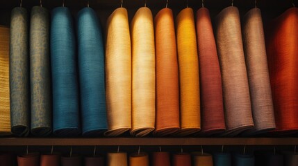 Naklejka premium A collection of colorful scarves neatly folded and displayed in a boutique, with soft lighting highlighting the textures.