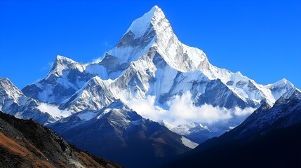 Obraz premium Close-up of the rugged textures of snow-dusted mountain peaks, with the clear blue sky providing a stunning backdrop, highlighting the pristine beauty of winter in nature 