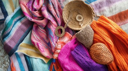 A close-up of a boho-inspired festival outfit featuring brightly colored scarves, chunky jewelry, and woven bags, laid out on a textured background.