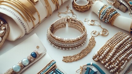 Naklejka premium A close-up of a collection of fashionable women's accessories like bracelets, handbags, and rings, displayed on a clean surface with ample space for text.