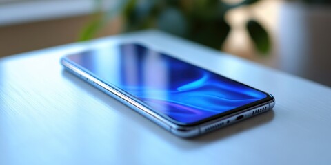 A close-up shot of a cell phone lying on a table, with the screen and keys in focus