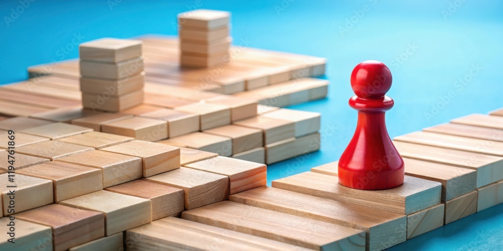 Poster Strategic Planning Navigating the Path to Success with Wooden Blocks and a Red Game Piece