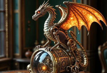 Fototapeta premium Intricate steampunk dragon sculpture perched on a mechanical base with glowing elements