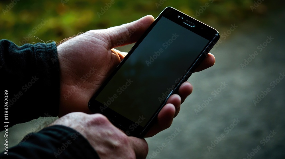 Poster a person holds a smartphone in their hand, ready to use