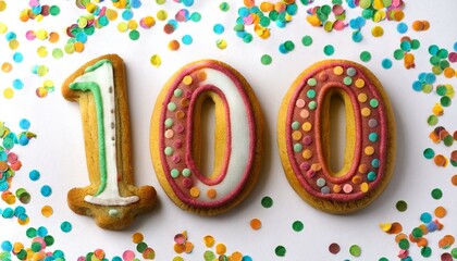 Decorated cookie for birthday or anniversary party, number 100. White background with party decoration.