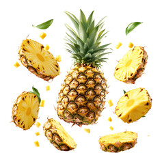 Juicy Pineapple Slices & Whole Fruit Falling, Isolated on White Background.