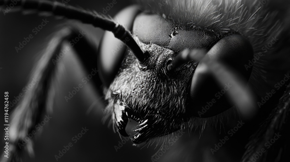 Poster a close-up image of a bug photographed in black and white