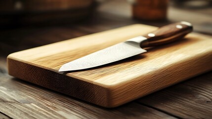 Knife embedded in a cutting board warm kitchen design rustic style