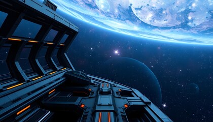 Futuristic Spaceship Viewing Earth From Space